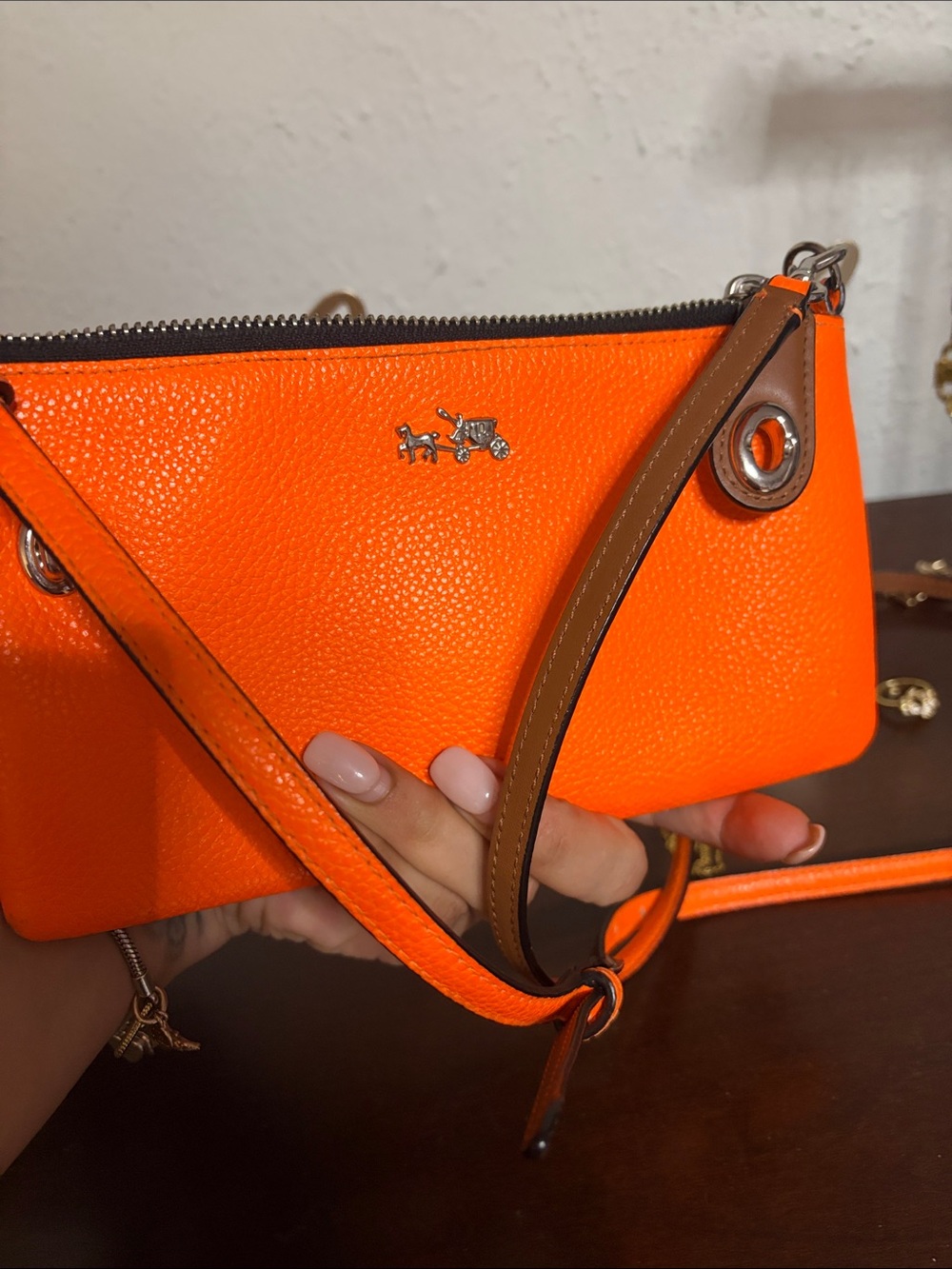 Coach Bright Orange Pebbled Leather Crossbody Wristlet - Picture 9 of 9